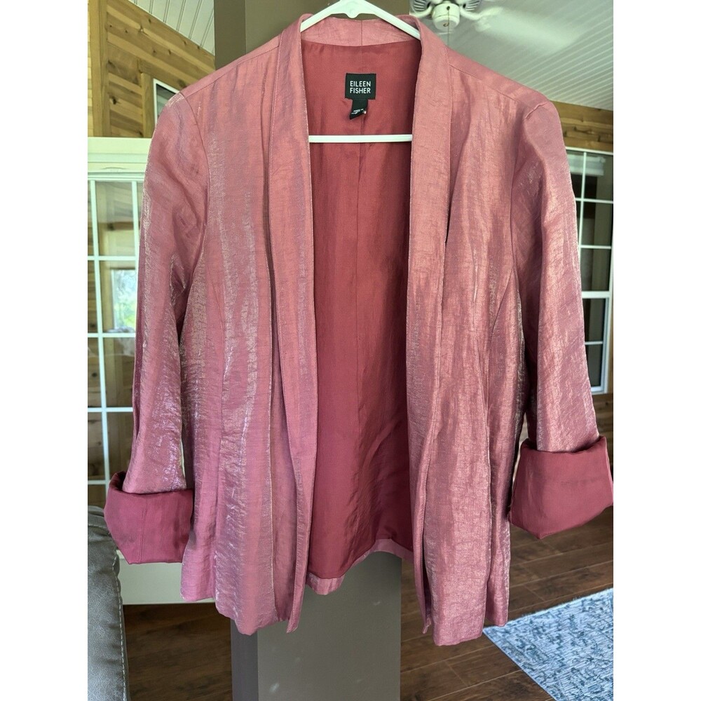 Eileen Fisher Jacket Women M Pink Silk Luxe Streetwear Shiny Chic Sustainable - Picture 2 of 10
